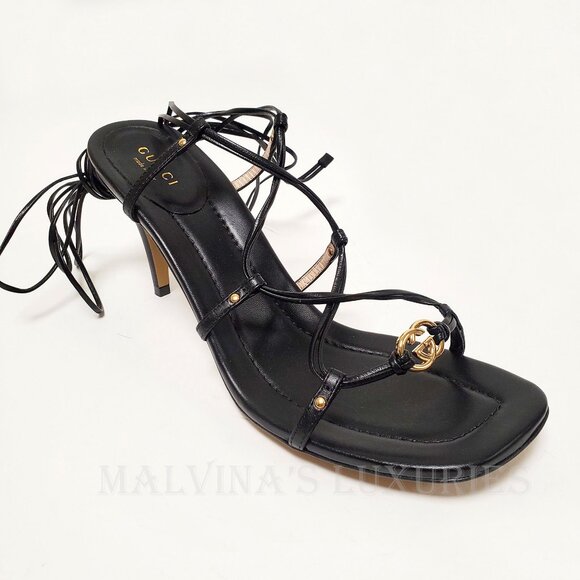 GUCCI SHOES INTERLOCKING G LOGO ANKLE TIE STRAPPY BLACK SANDALS sz 39.5 9.5 - Picture 5 of 15